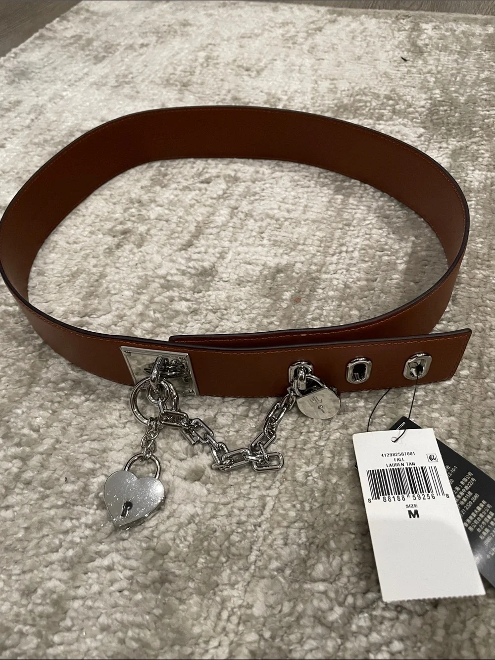 Lauren Ralph Lauren Tan Leather Belt with Silver Heart Charms